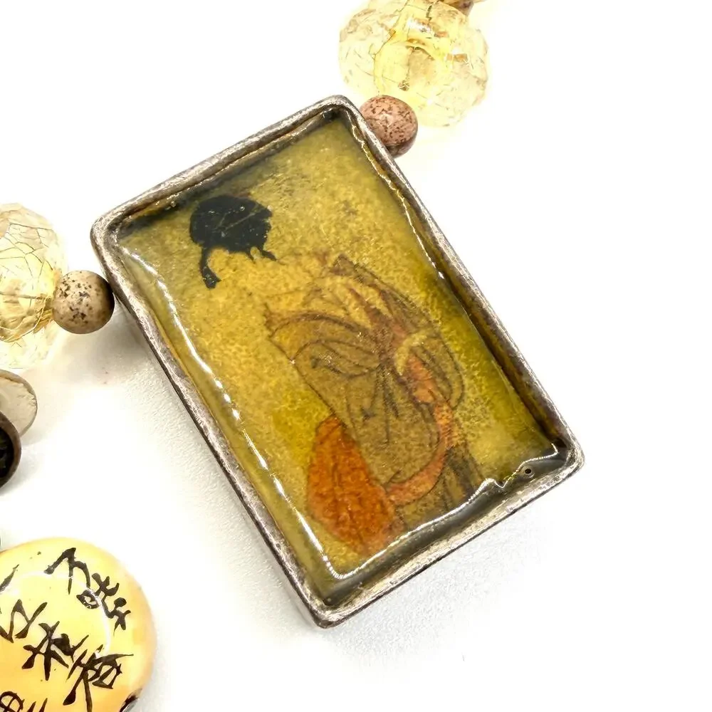 Vintage 90s Chico's Yellow Amber Chinoiserie Geisha Necklace Earring Set - Picture 5 of 10